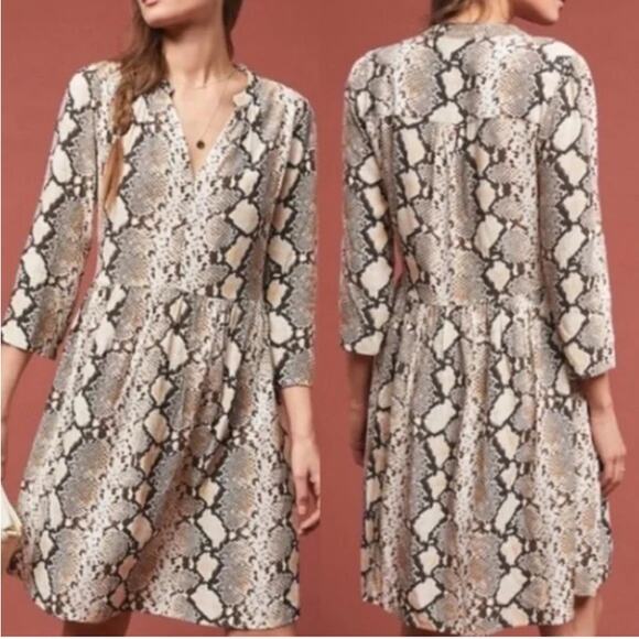 Anthropologie Maeve Juno Snake Print Dress Brown White Vneck Knee Length S - Picture 1 of 5